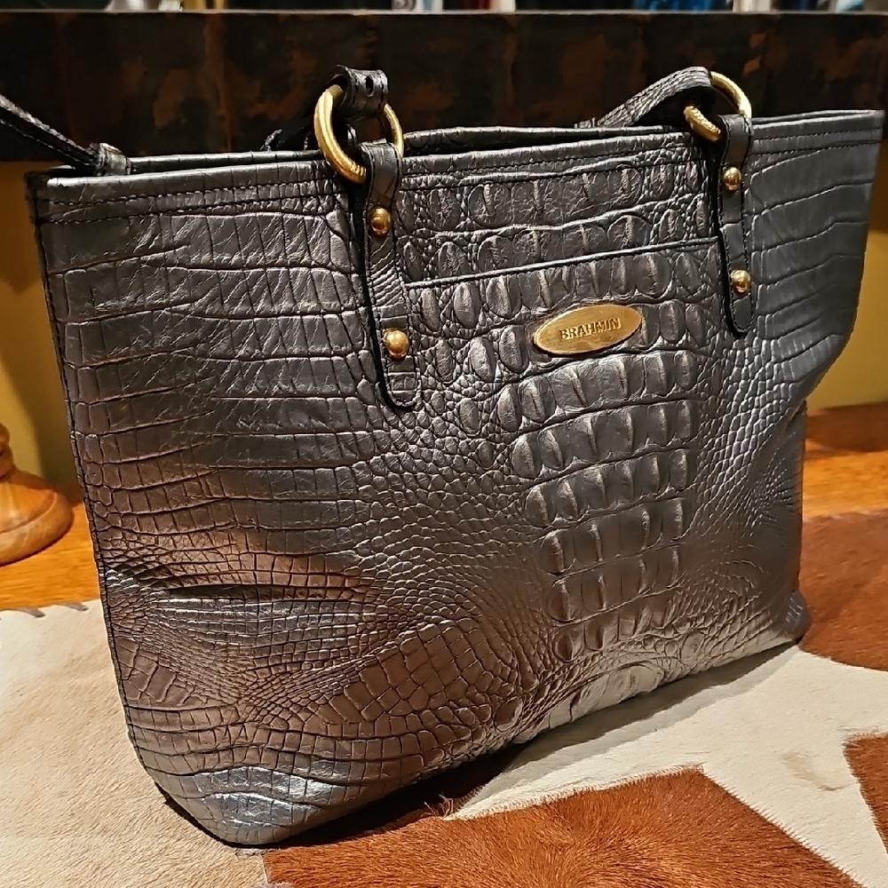 Brahmin Silver Crocodile Embossed Tote Bag